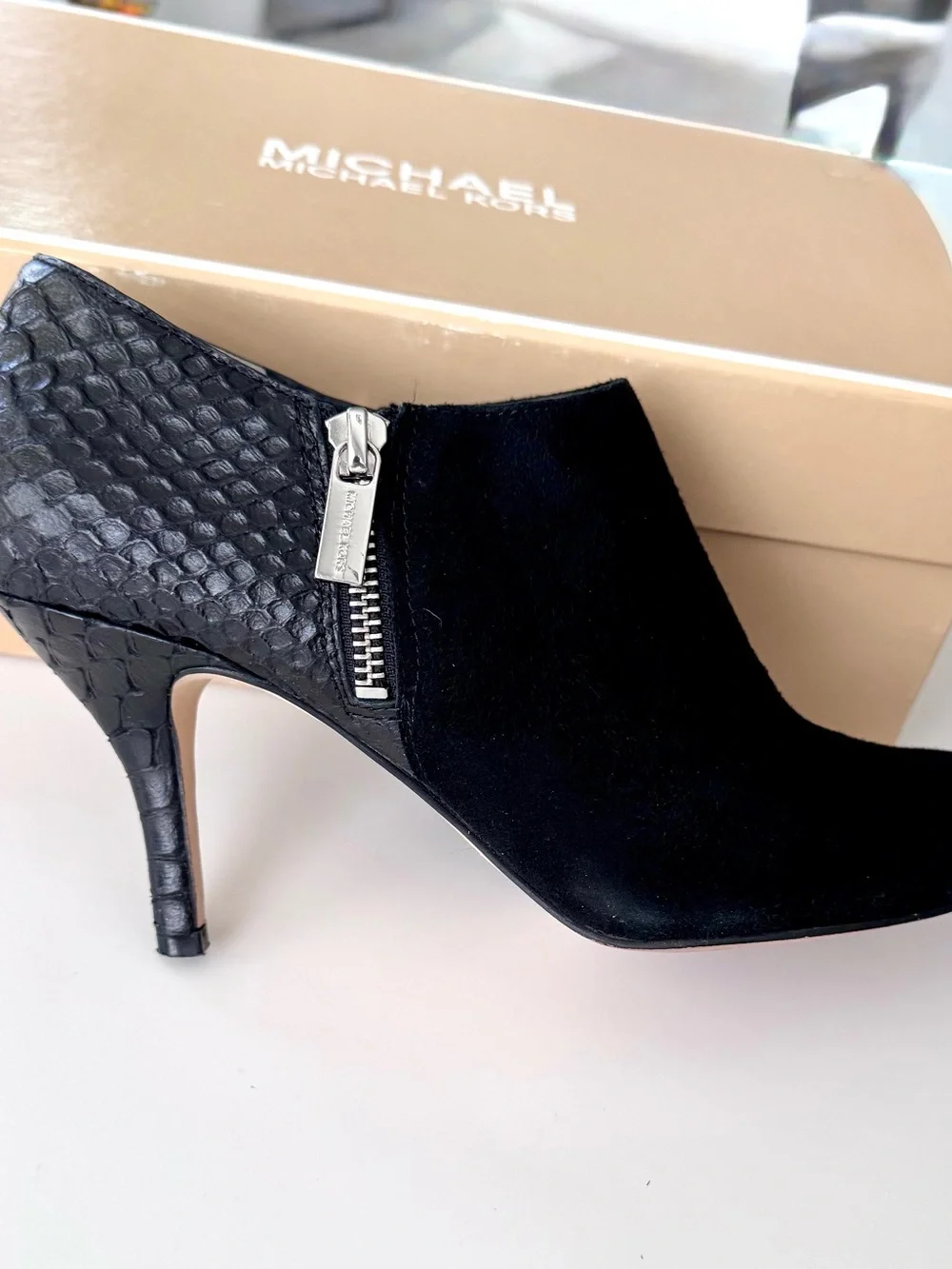 Michael Kors Black Suede & Embossed Leather Stiletto Ankle Booties, size 9M